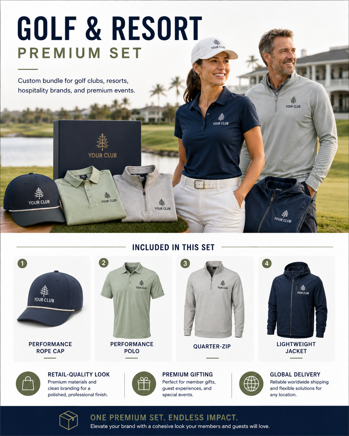Custom Performance Rope Caps & Golf Club Merchandise showing coordinated headwear and apparel