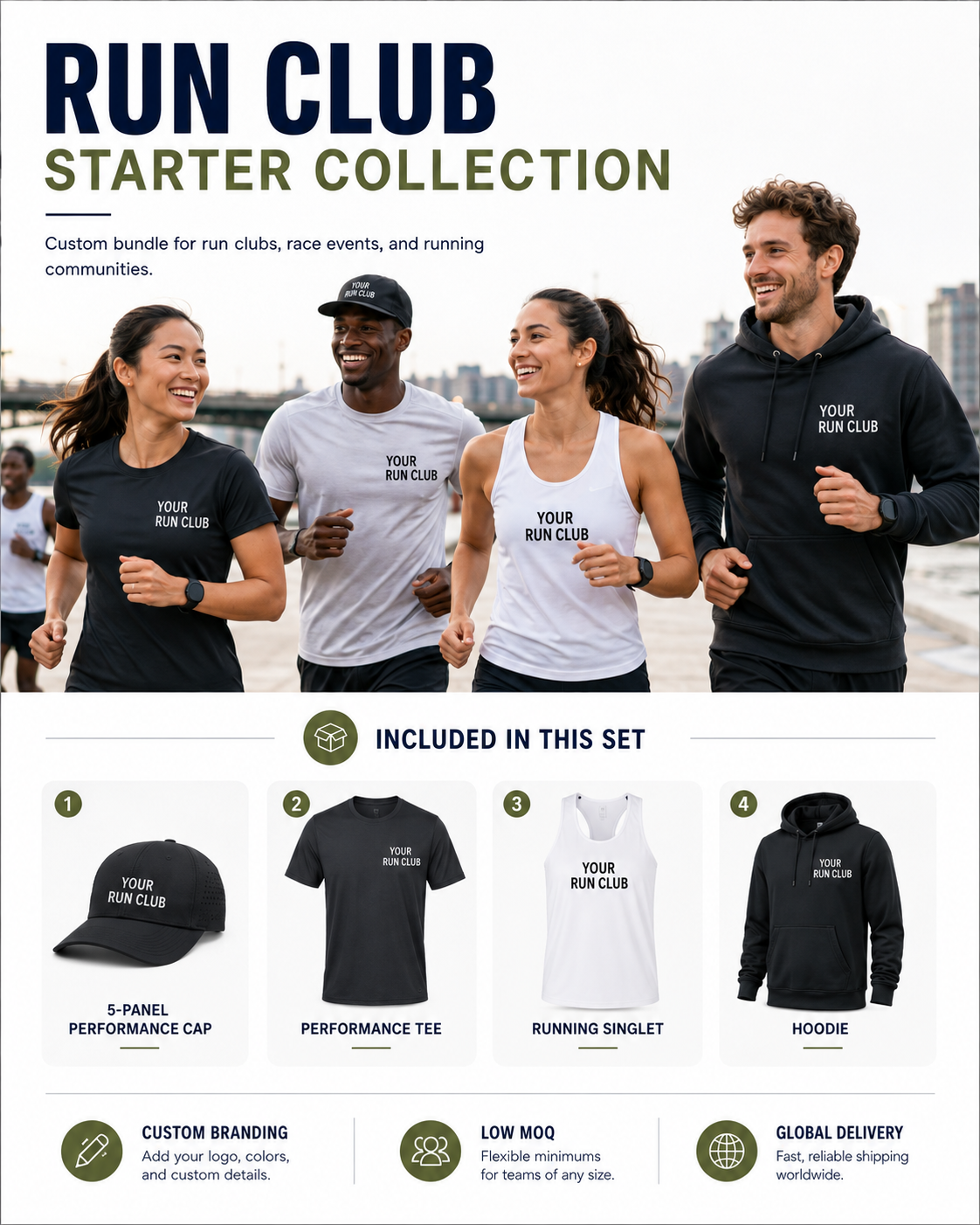 Custom Run Club Hats & Merchandise Solution showing coordinated headwear and apparel